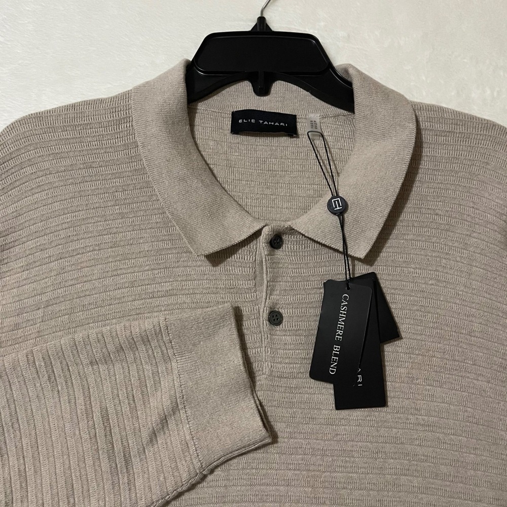 Elie Tahari Mens Cashmere Blend Long Sleeve Polo Sweater‎ Stone Heather XL NEW